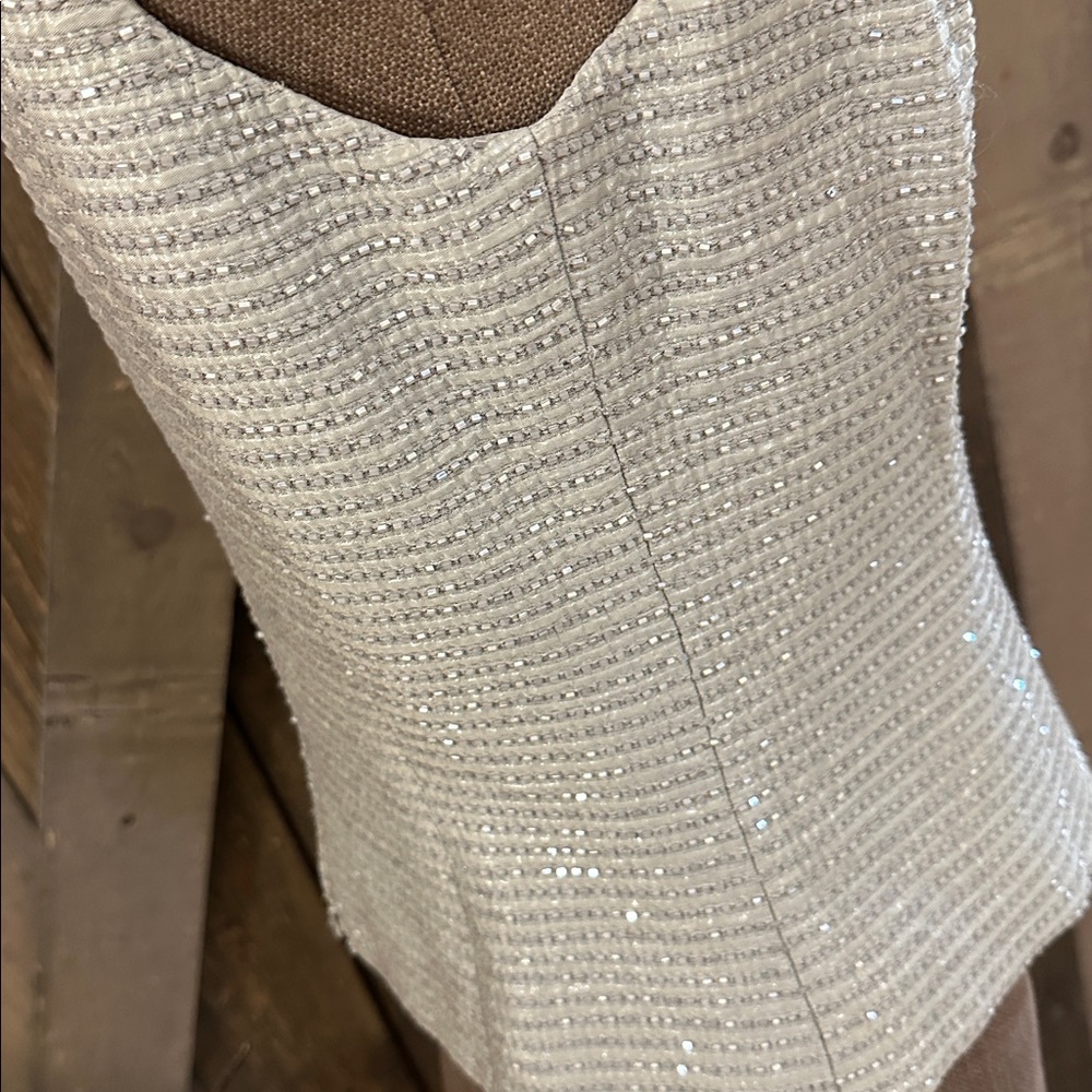 Carmen Marc Valvo Sleeveless Metallic Silver Grey Beaded Blouse Size 8 - Picture 9 of 14